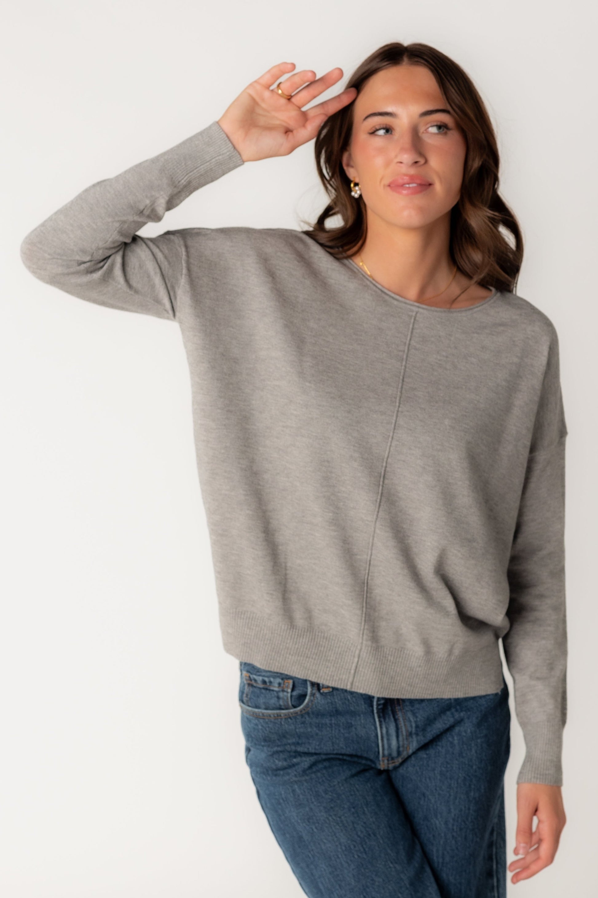 Heather grey sweater with center decorative seam