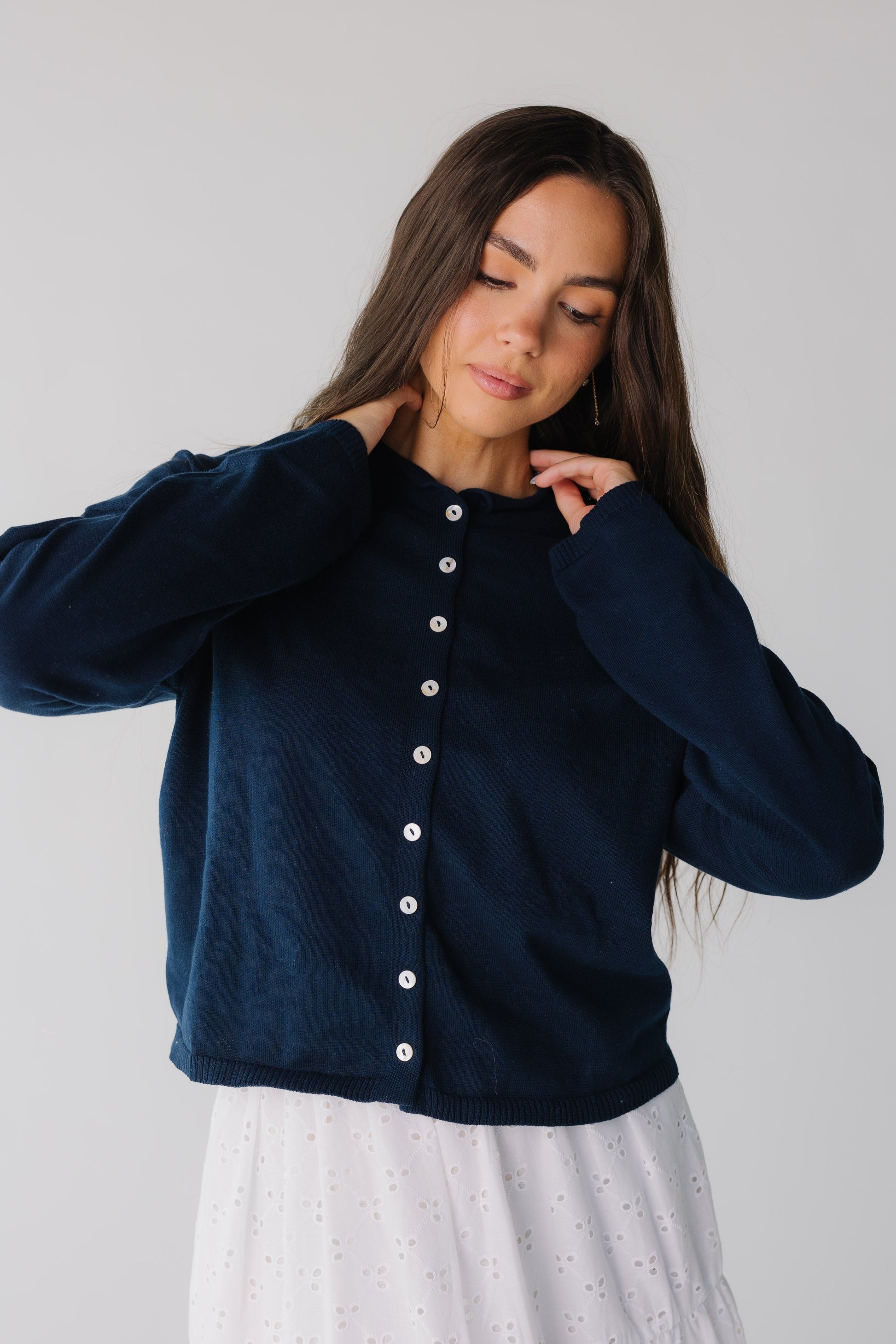 Modest women's dark navy cardigan with round neckline and long sleeves
