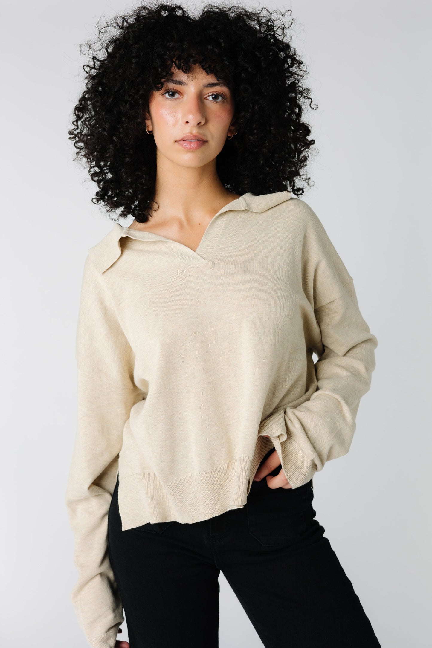 Hip length long sleeve sweater in oatmeal