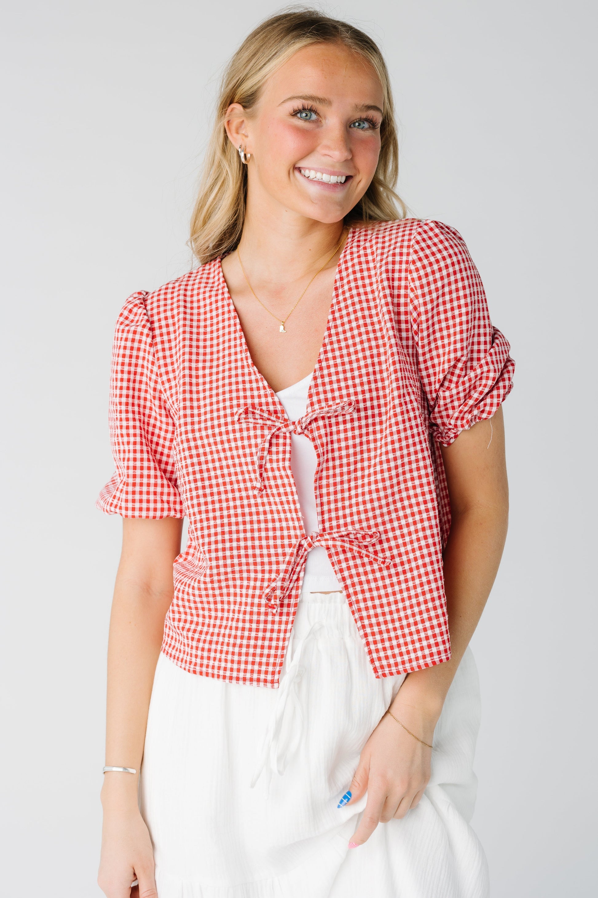 Lizzy Checkered Tie Top in red and white