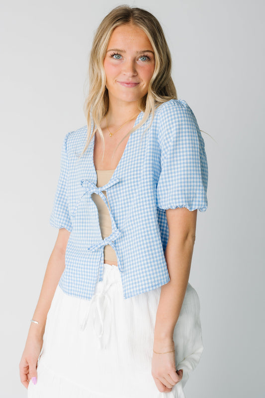 Lizzy Checkered Tie Top in blue and white