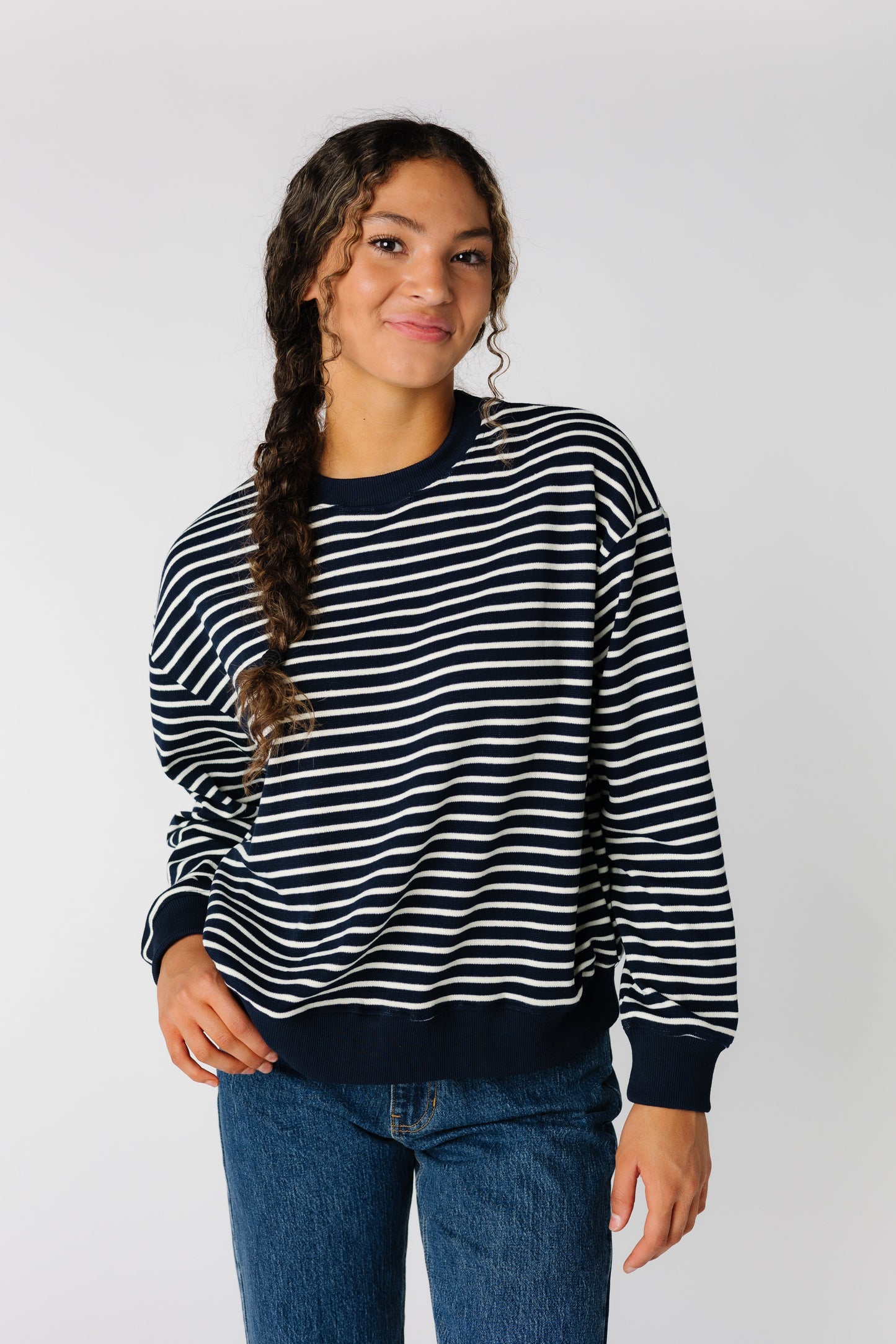 Modest long sleeve navy and white stripe crewneck sweater