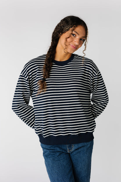 Navy and white stripe crewneck sweater