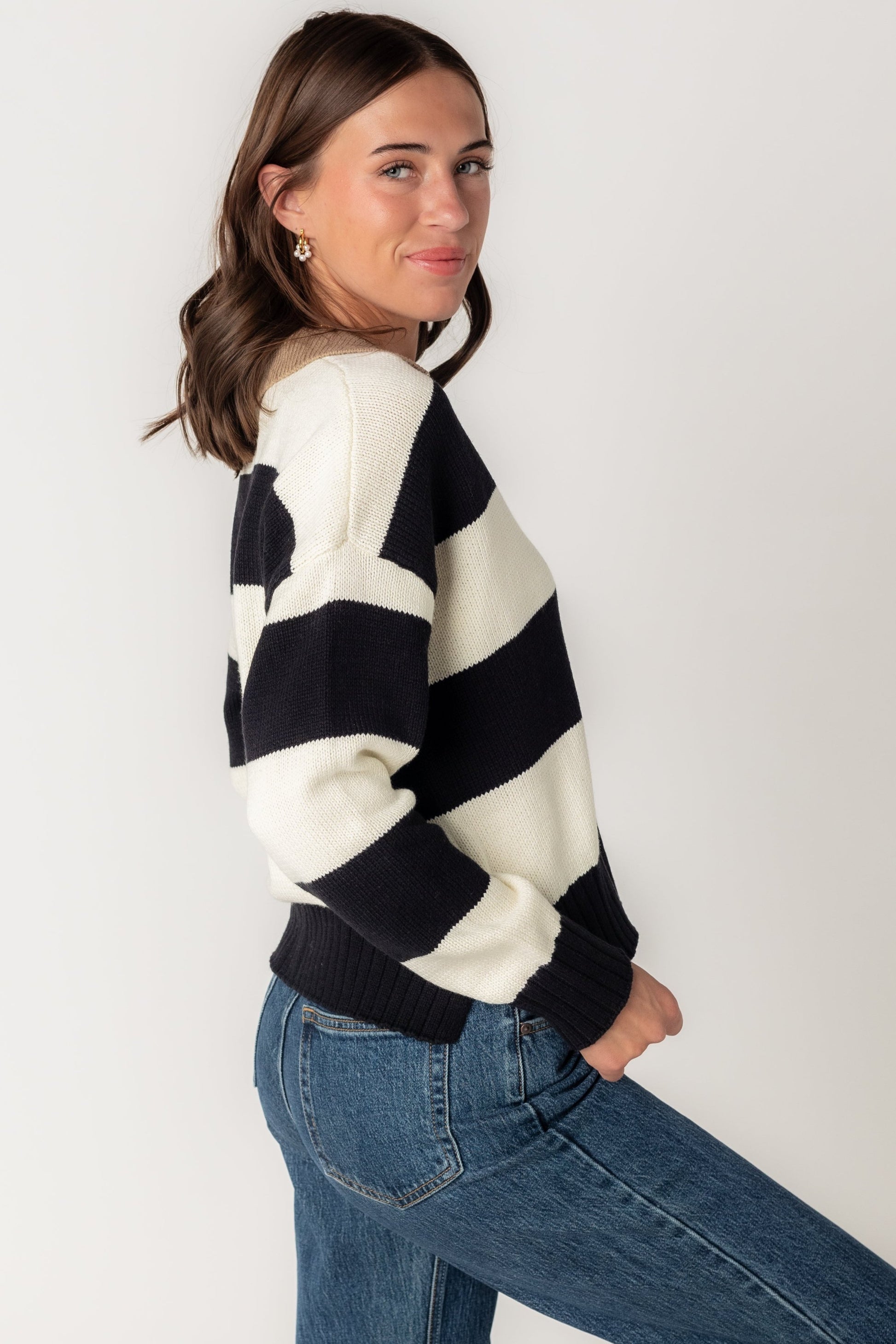 Brianna Stripe Collared Knit Sweater WOMEN'S SWEATERS Blu Pepper Ivory S 