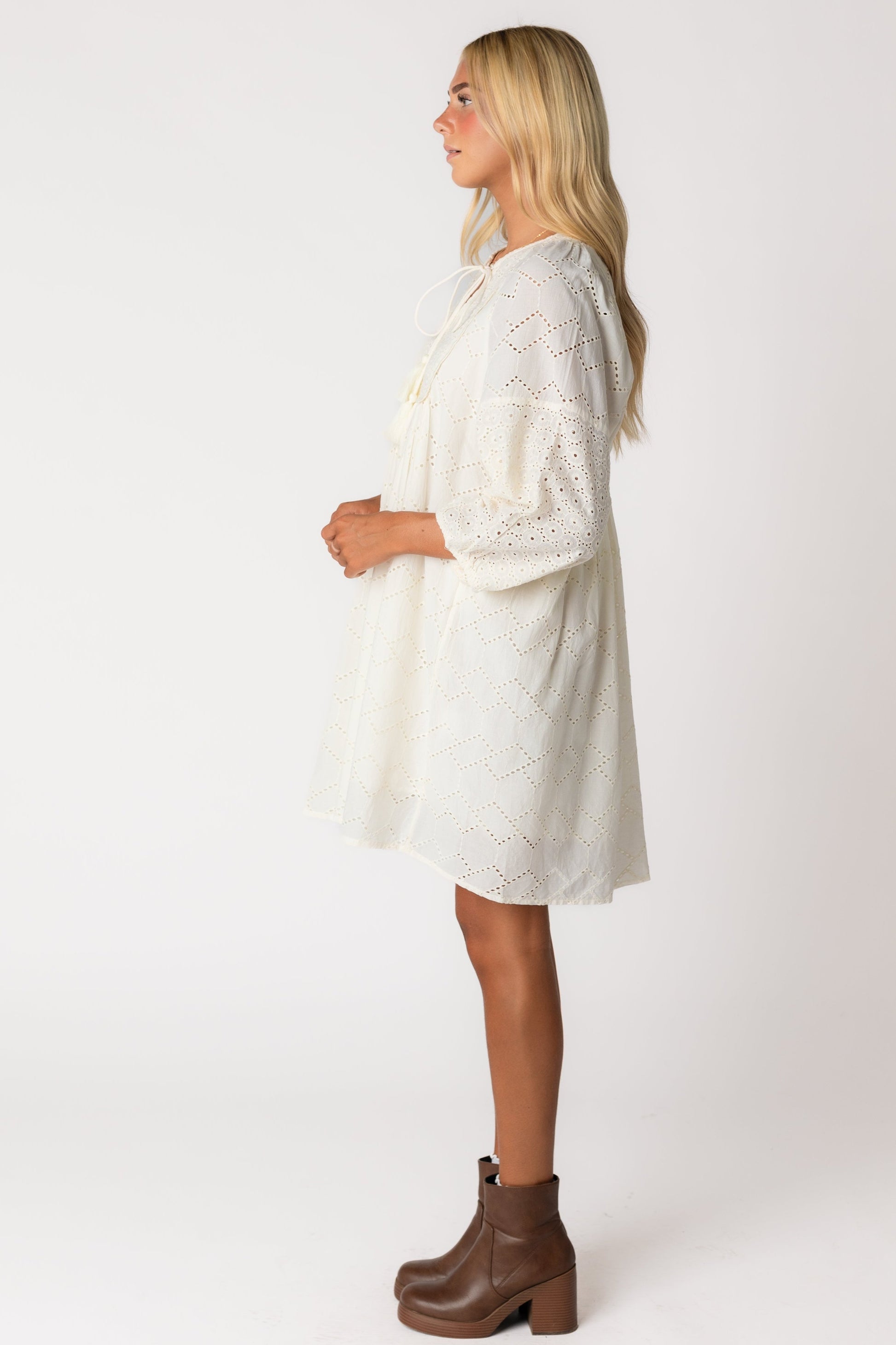 Side view Citrus Cherish Eyelet Tunic knee length dress