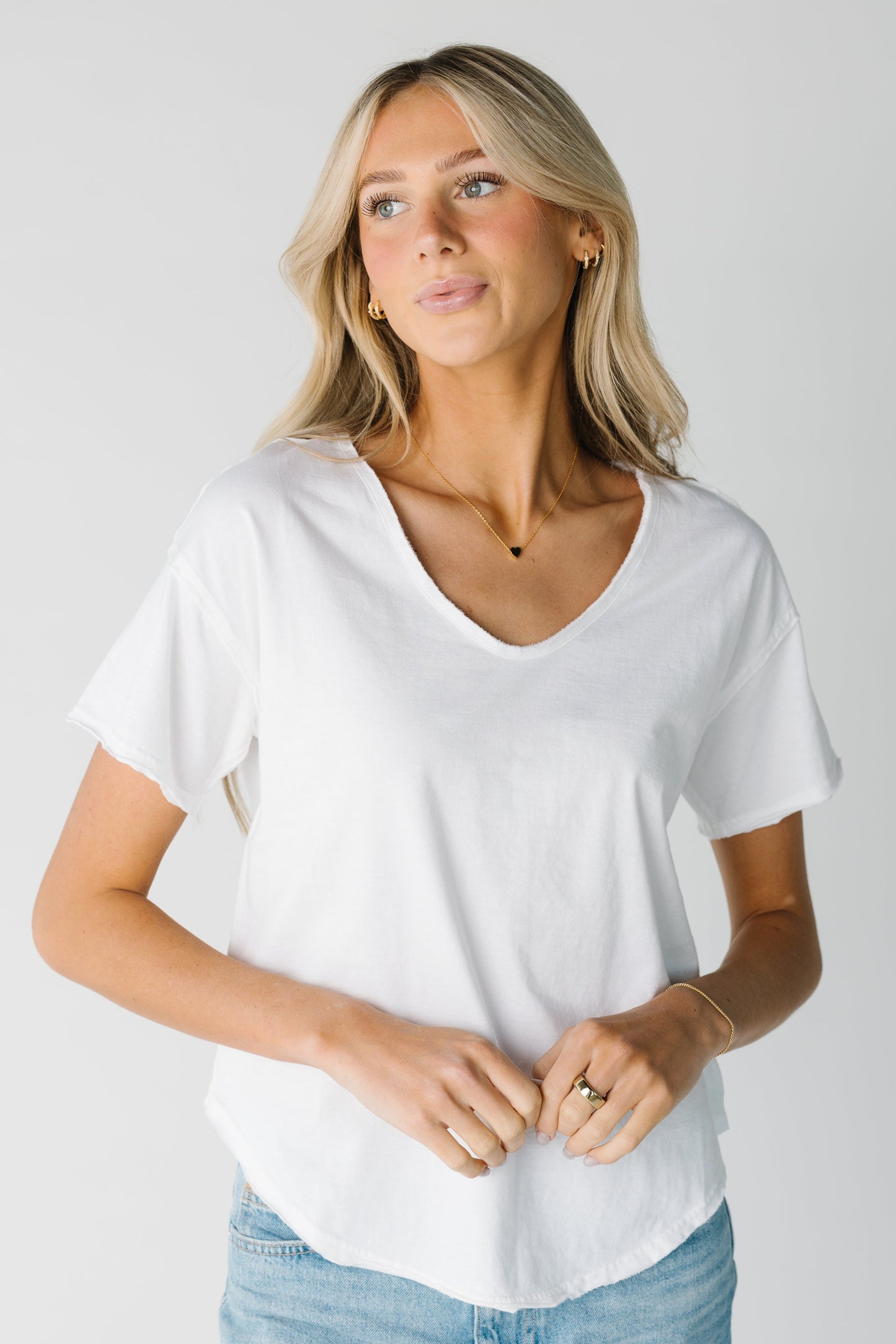 Modest white classic tee with with distressed seams