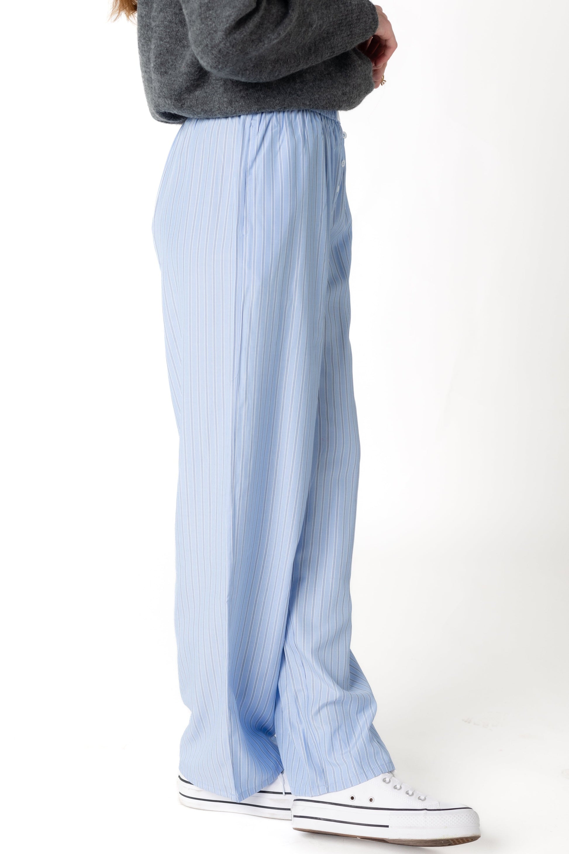 Blue and white narrow stripe pajama with pockets and wide leg