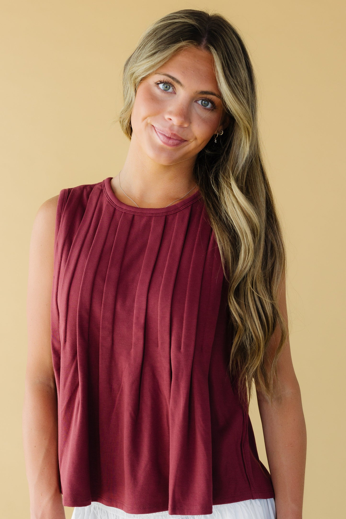 Lorene Pleated Tank Top in wine for women and teenage girls.