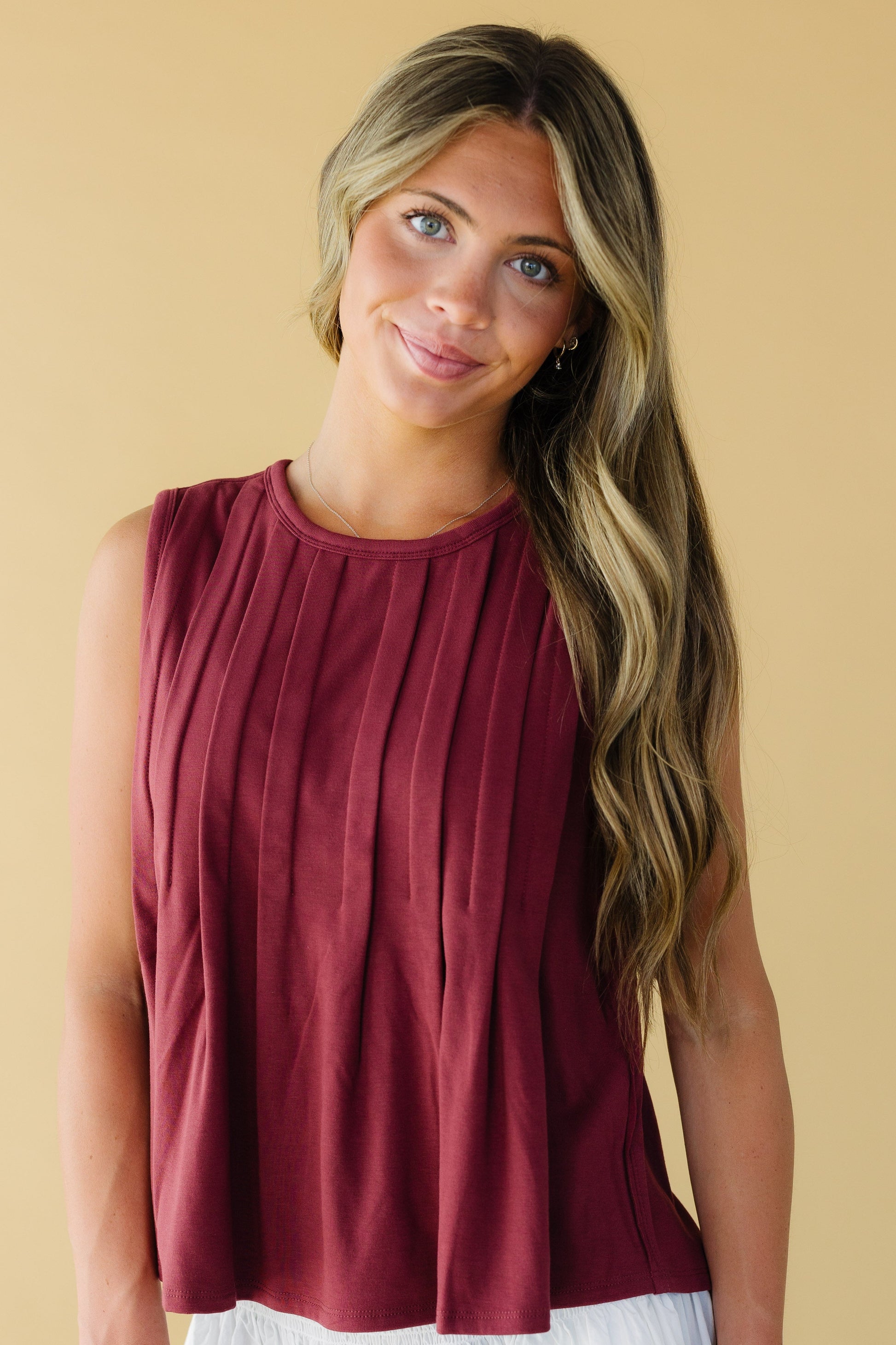 Lorene Pleated Tank Top in wine for women and teenage girls.