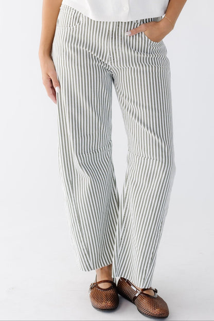 Lexie Barrel Jean in olive and white stripe for women and teen girls.