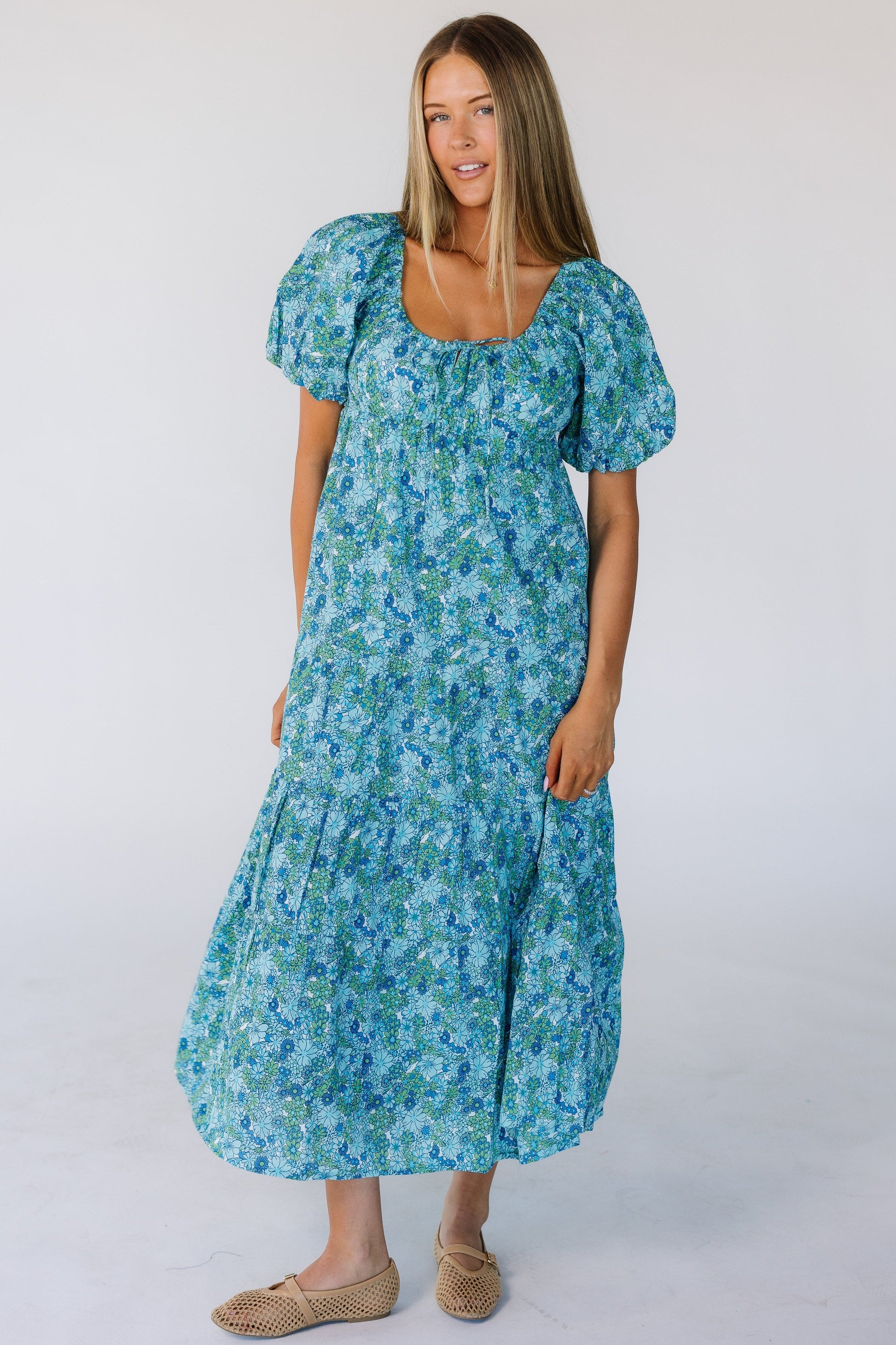 light blue spring dress women Light Blue Midi Summer Dress with Short Sleeves Light Blue / XSmall main image 0