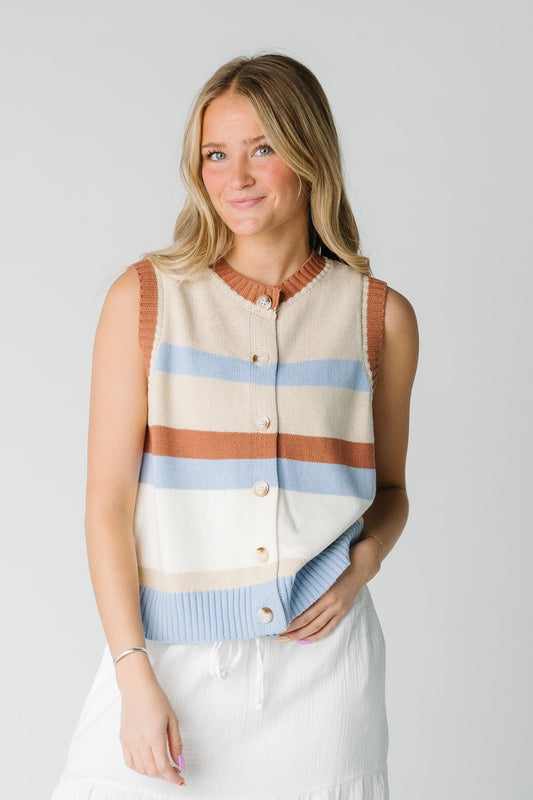 Margie Striped Button-Up Sweater Vest in multi color stripe