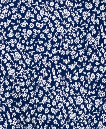 Navy and white floral print fabric swatch.