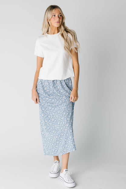 Full view of blue floral midi skirt