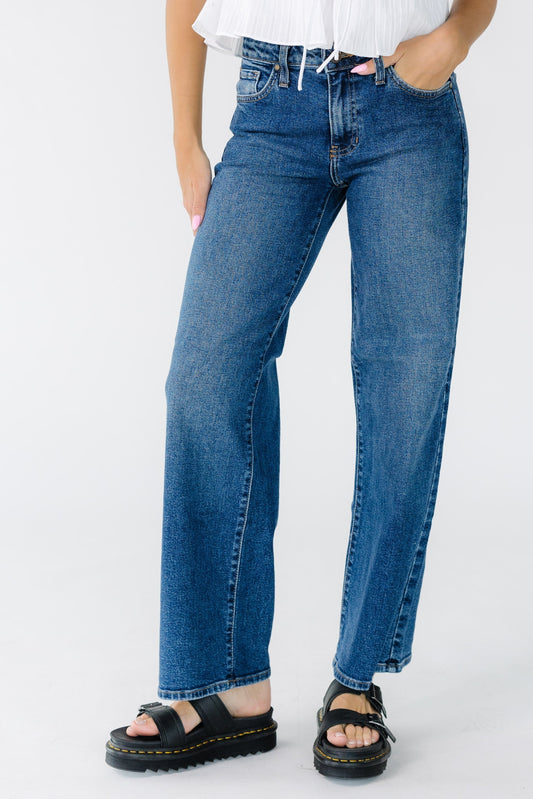 Mid Rise Denim Jeans in dark denim for women and teens.