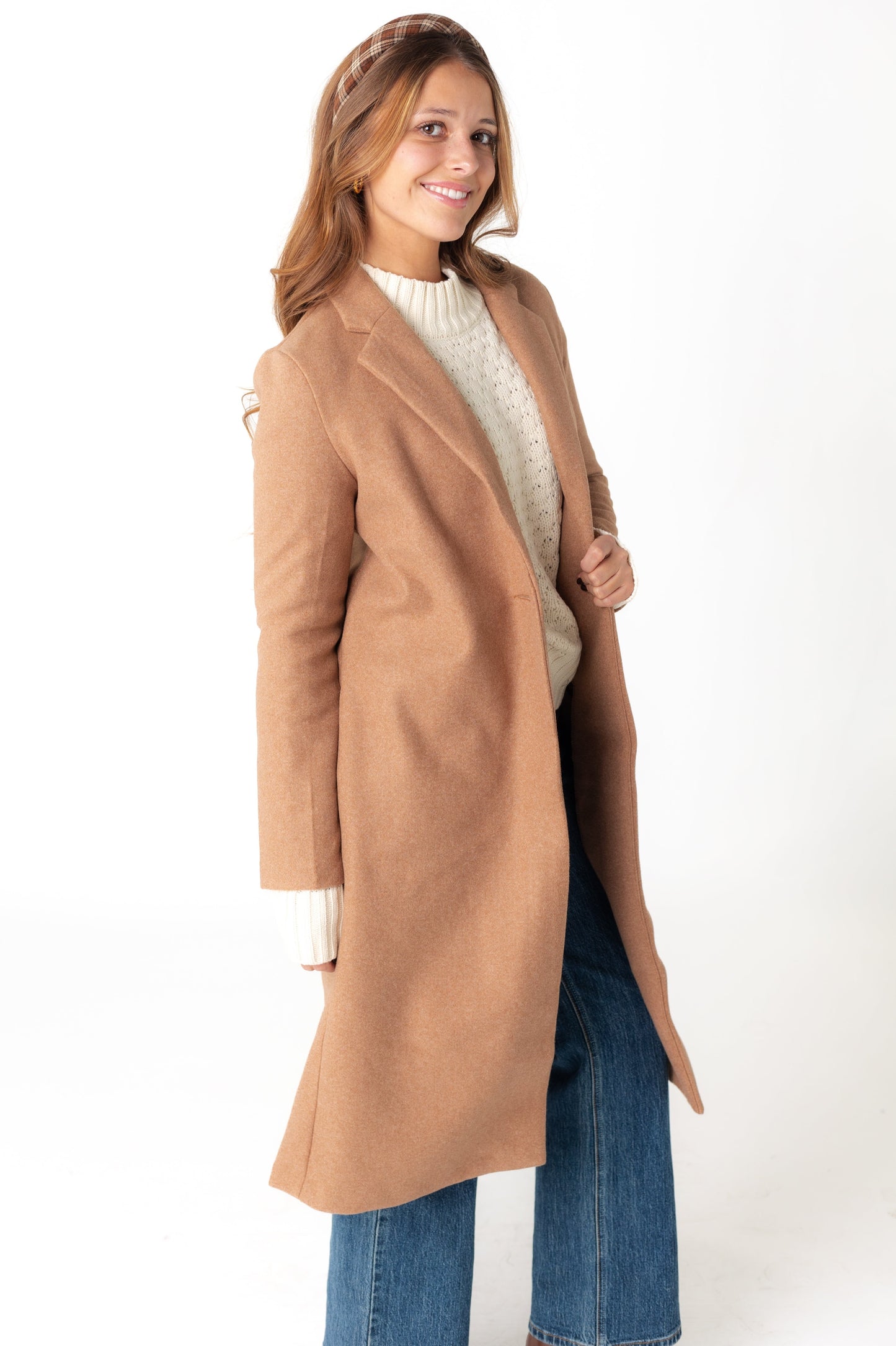 Longline Camel midi coat with long sleeves