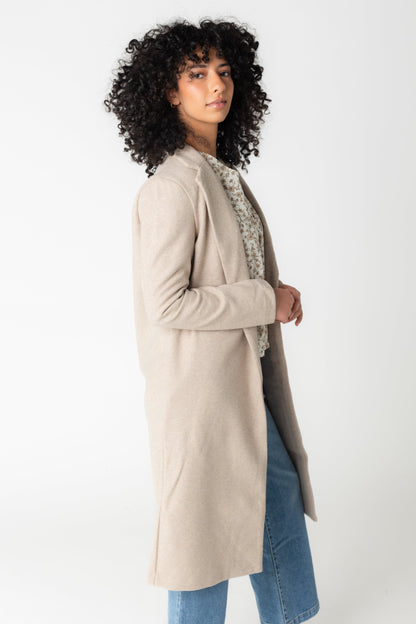 Modest dressy coat in oatmeal with long sleeves