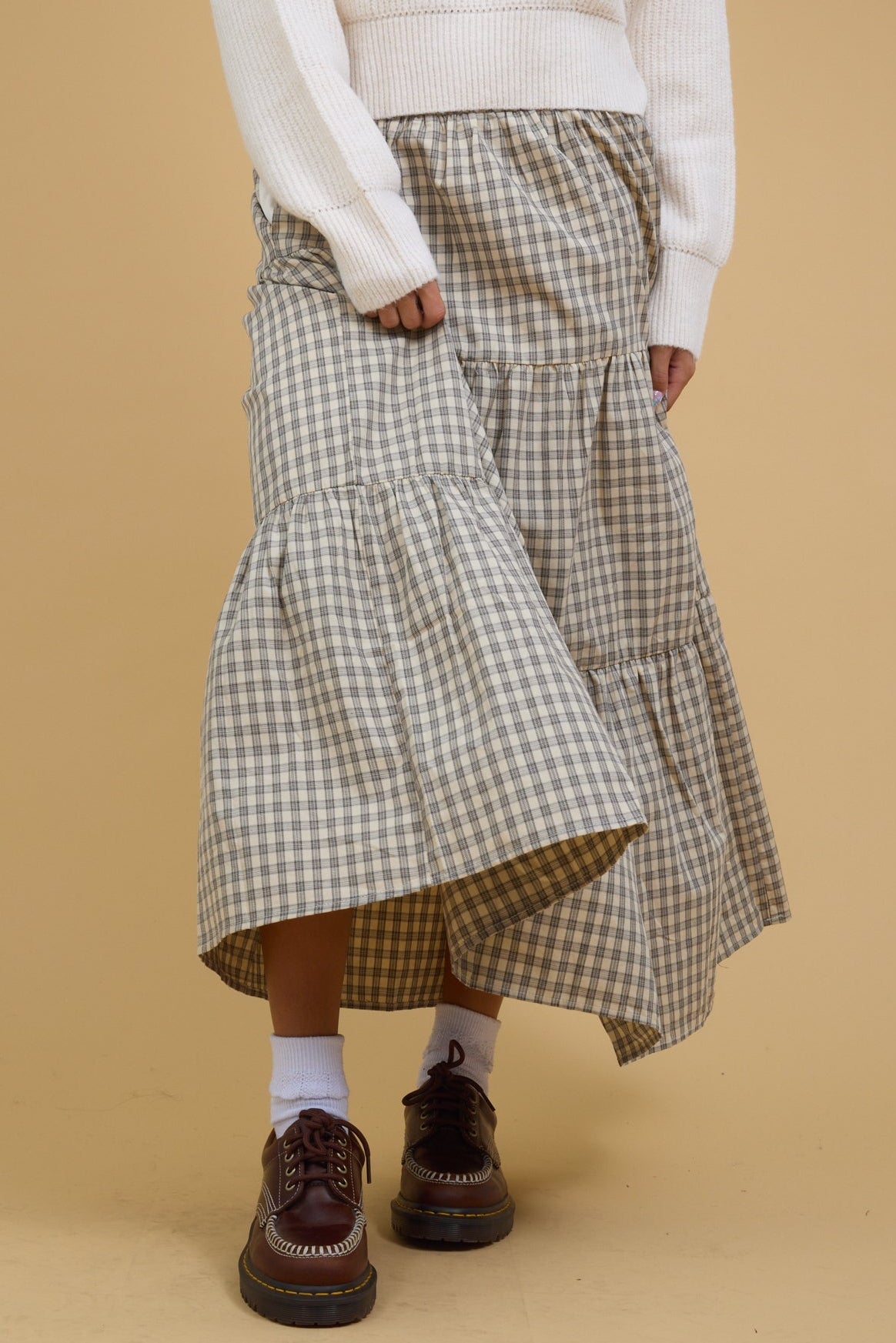 Milo Midi Skirt in stone & black plaid for women and teen girls.