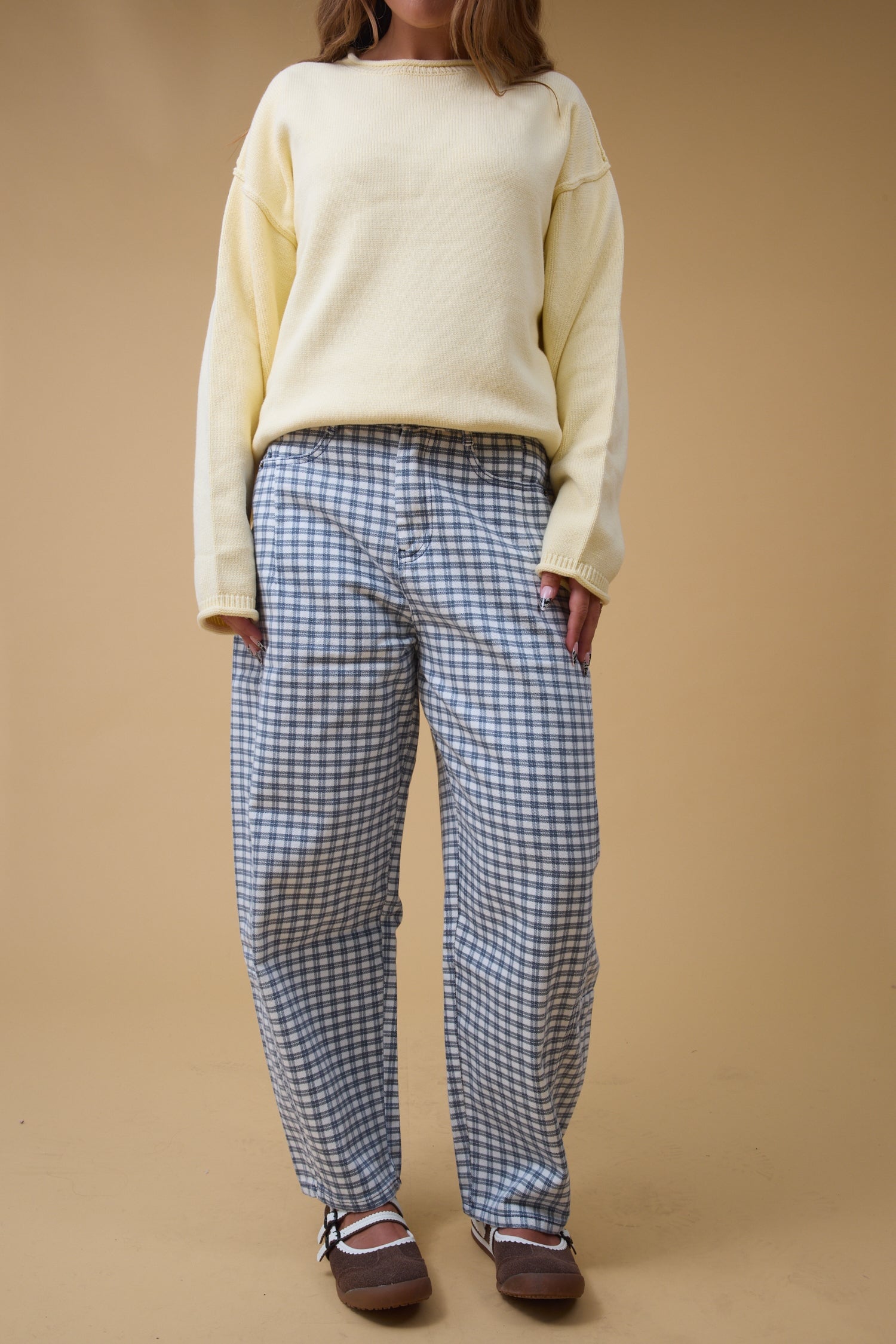Mini Check Barrel Pants in navvy check for women and teen girls.
