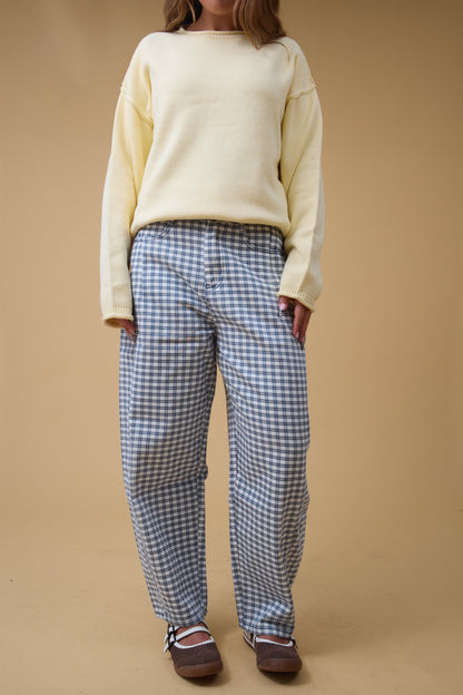 Mini Check Barrel Pants in navvy check for women and teen girls.