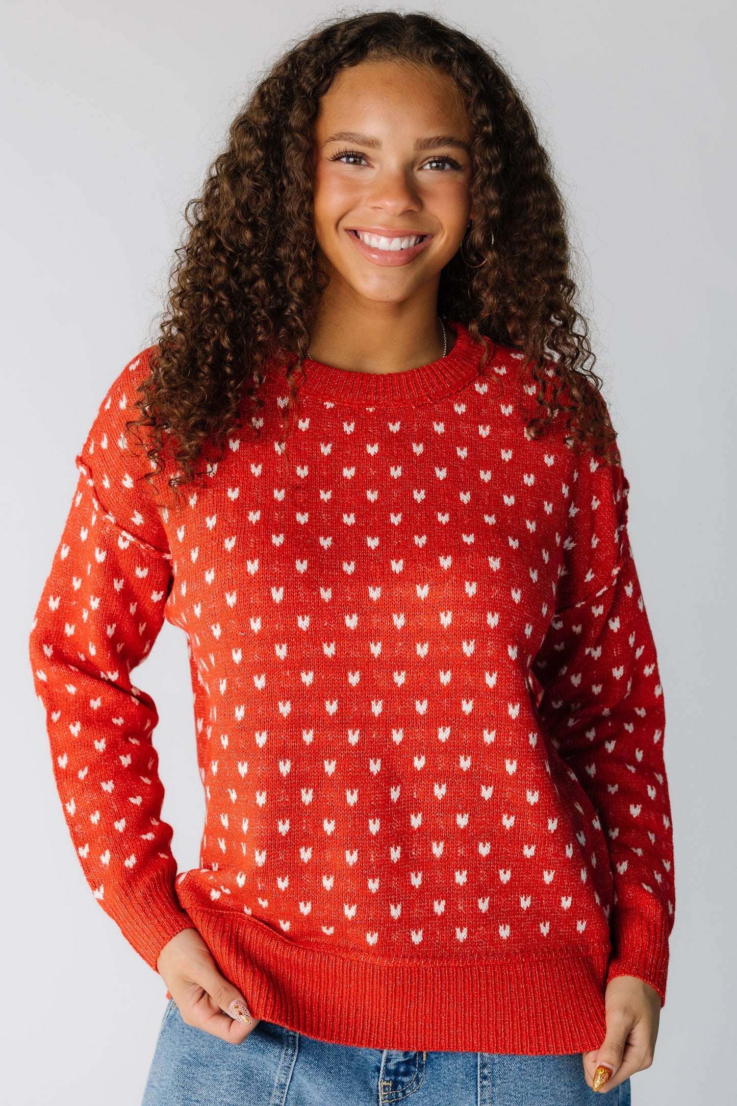 Mini Heart Pullover in red with white hearts for women and teens