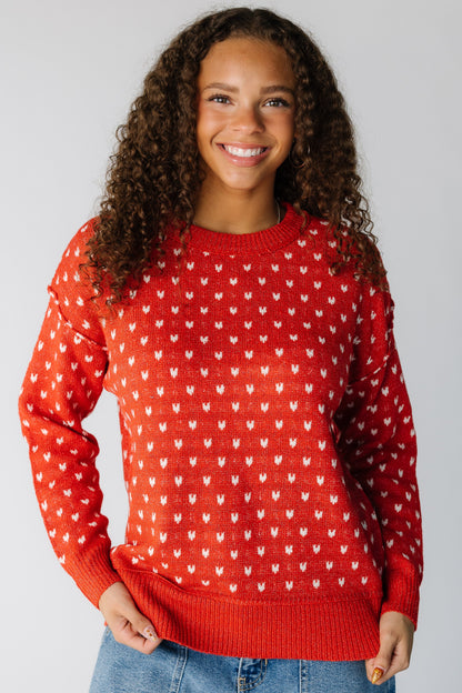 Mini Heart Pullover in red with white hearts for women and teens