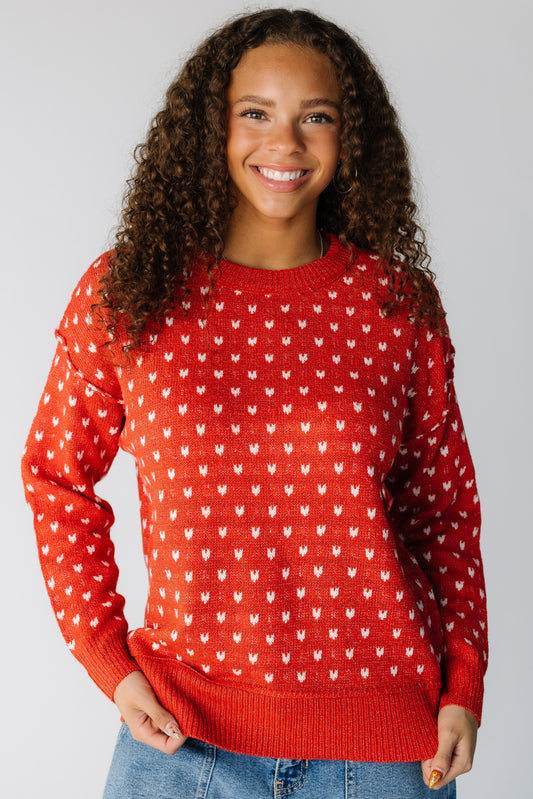 Mini Heart Pullover in red with white hearts for women and teens