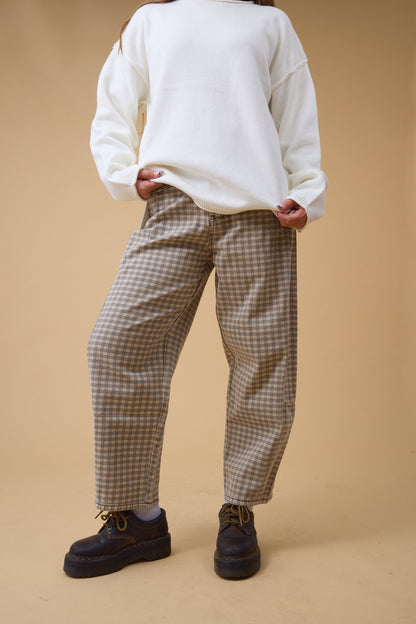 Mini Check Barrel Pants in brown for women and teen girls.