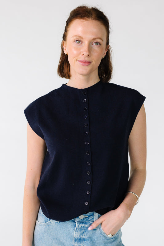 Mock Neck Cap Sleeve Cardigan in navy for women and teens.