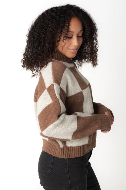 Modest long sleeve checkered sweater in brown and cream