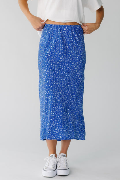 Blue floral midi skirt with elastic waist