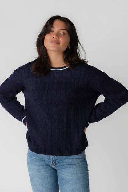 Navy cable knit crew neck sweater