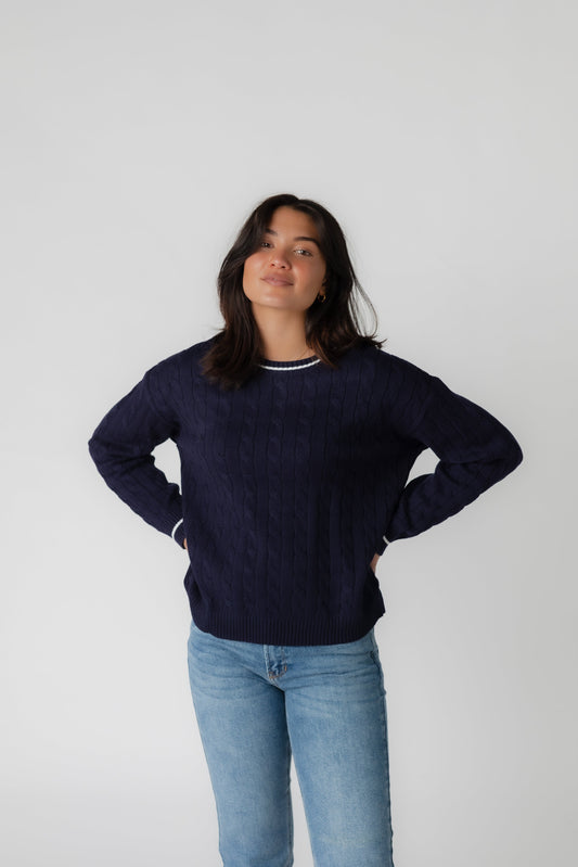 Navy cable knit crew neck sweater