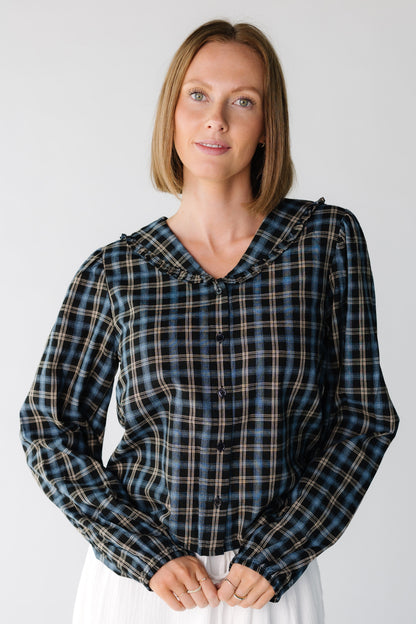 Modest women's button down top in navy plaid with long sleeves