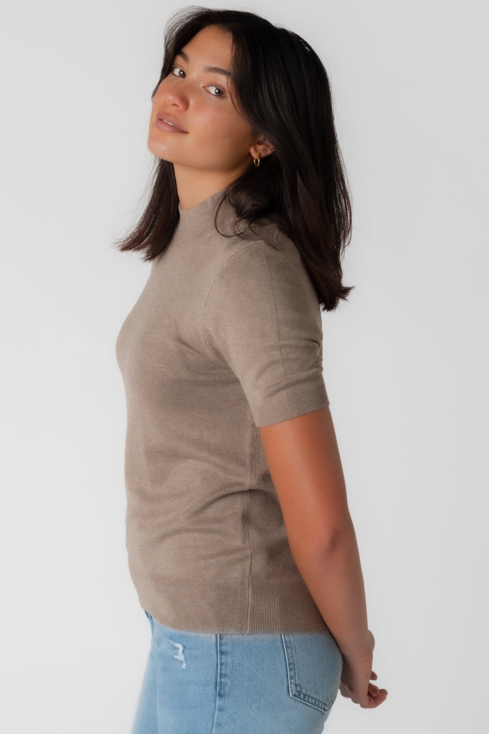 Mocha mock turtleneck top with short sleeves