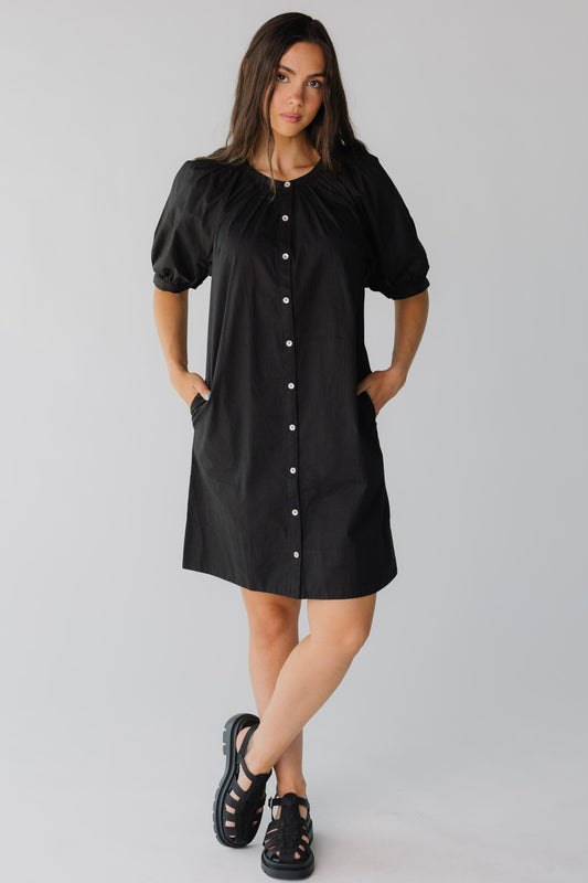 Citrus Seaside Button Down Knee Dress in black
