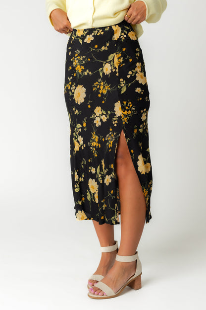 Black floral print midi skirt with off center slit