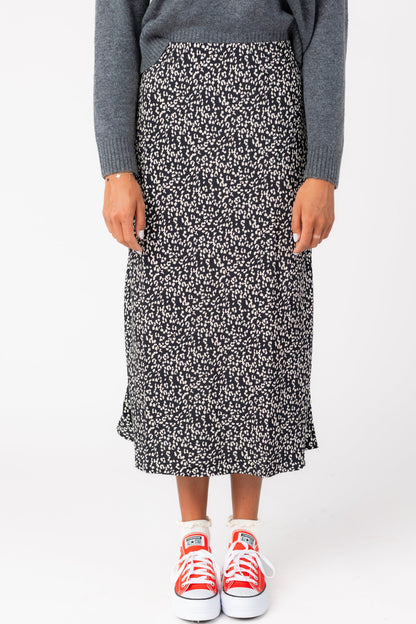 Black and white leopard print A-line midi skirt