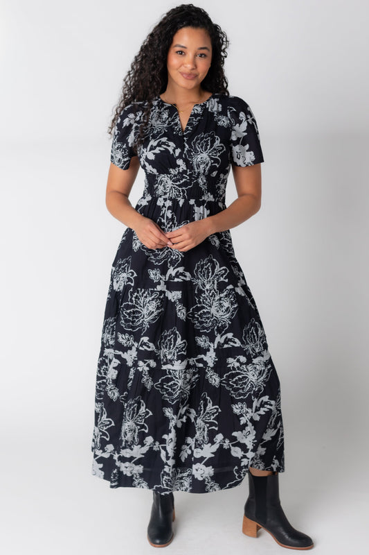 Modest black floral print midi with V-neckline and short sleeves