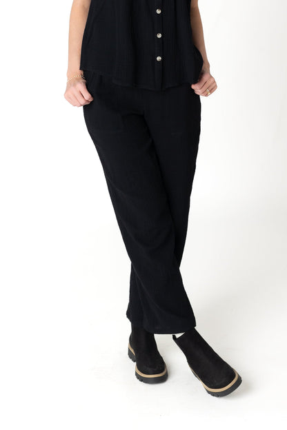 Black gauzy wide leg pant with pockets