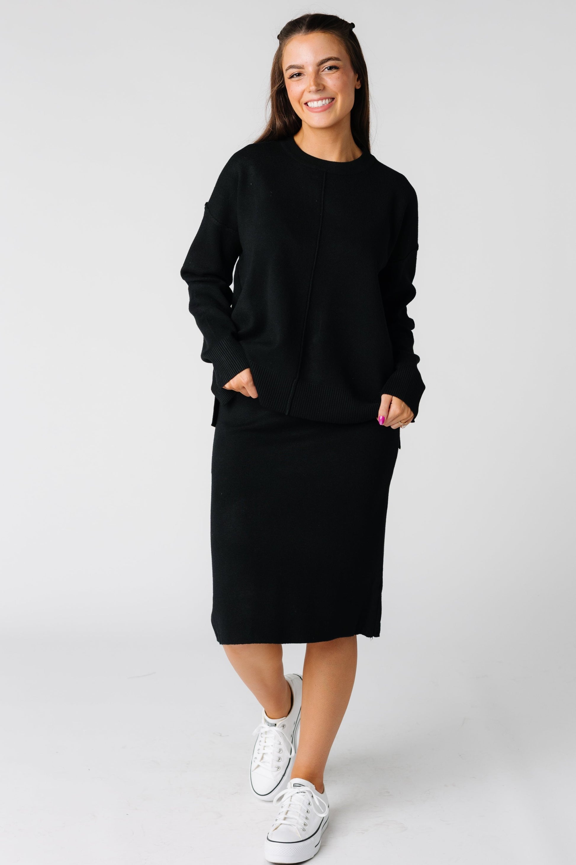 Black long sleeve, knee length sweater set