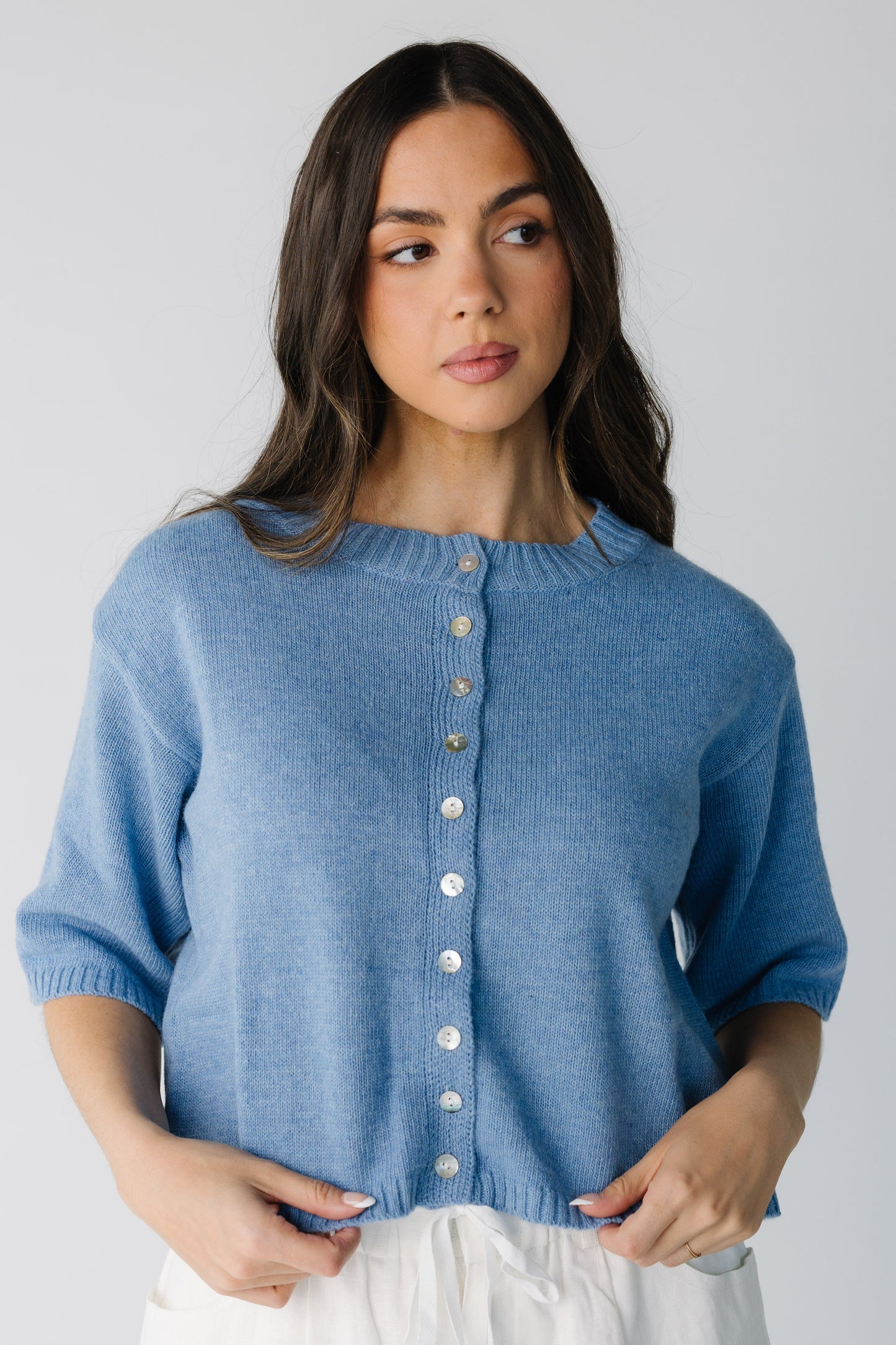 Blue crew neck button down cardigan