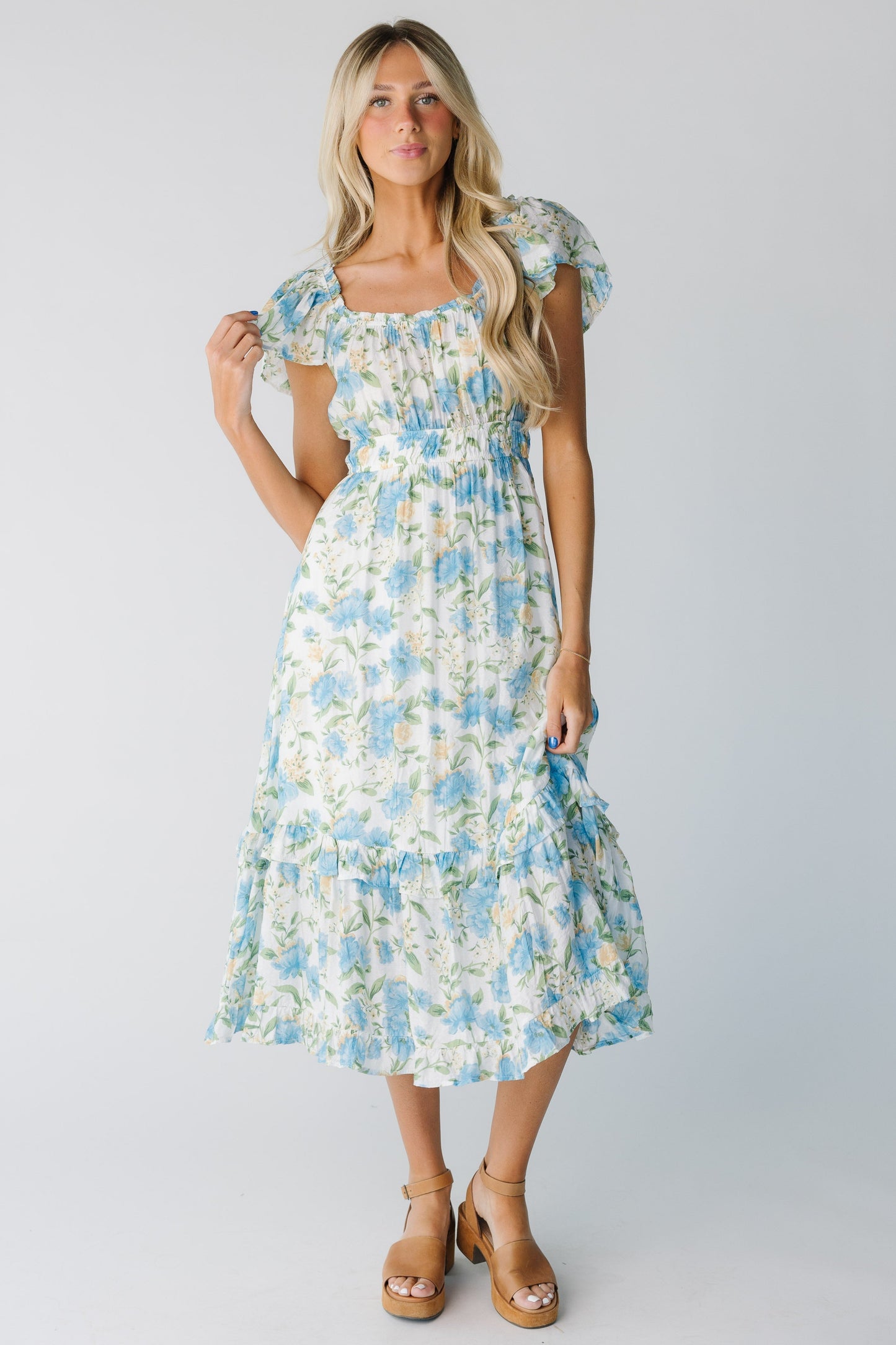 Modest blue floral midi with short sleeves  and square neckline