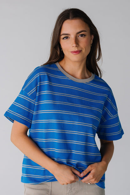 Striped Boxy Tee in royal and grey