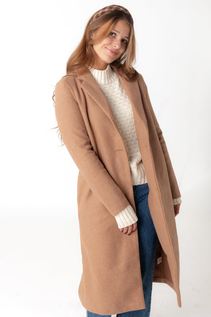 Modest Longline camel open midi coat with long sleeves