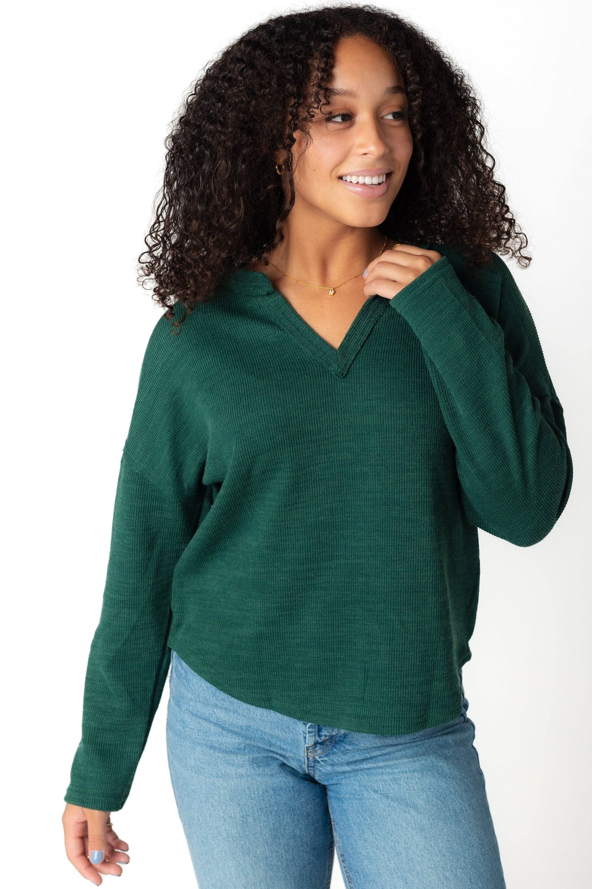 Ayla Knit long sleeve top in green with V-neckline