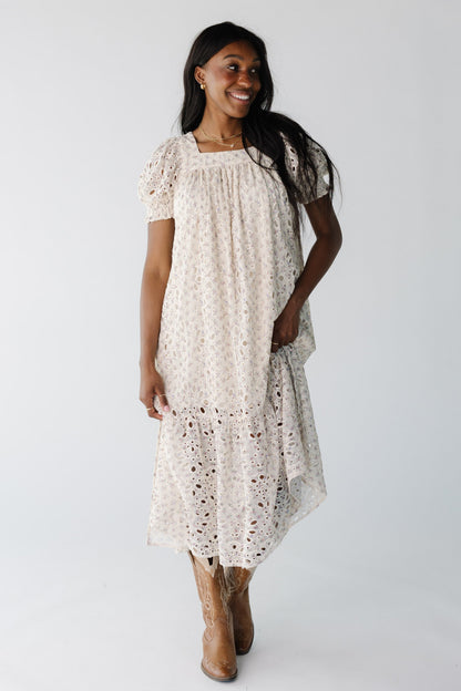 Eyelet midi with floral print and square neckline