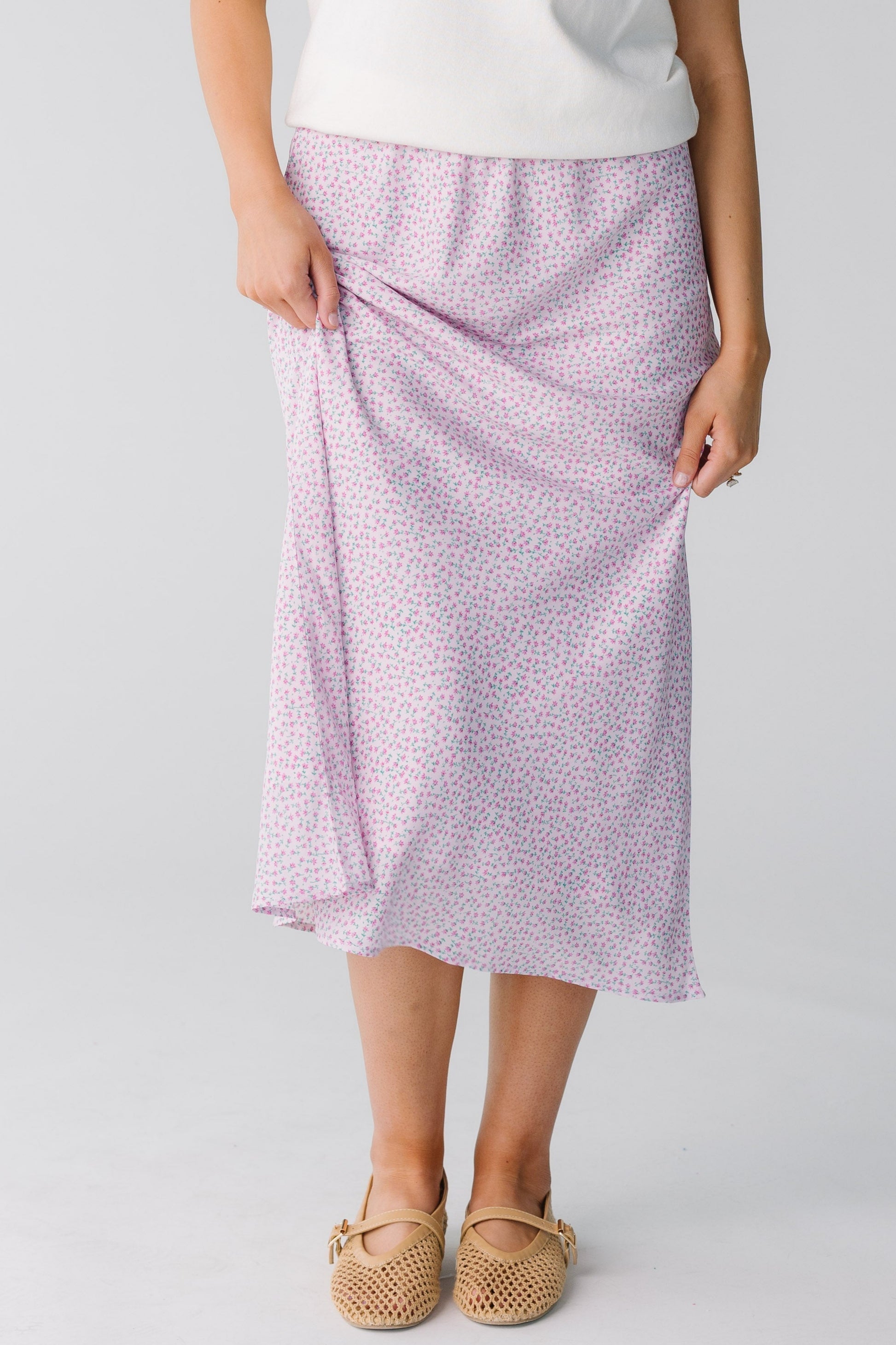 Modest pink floral A-line midi skirt