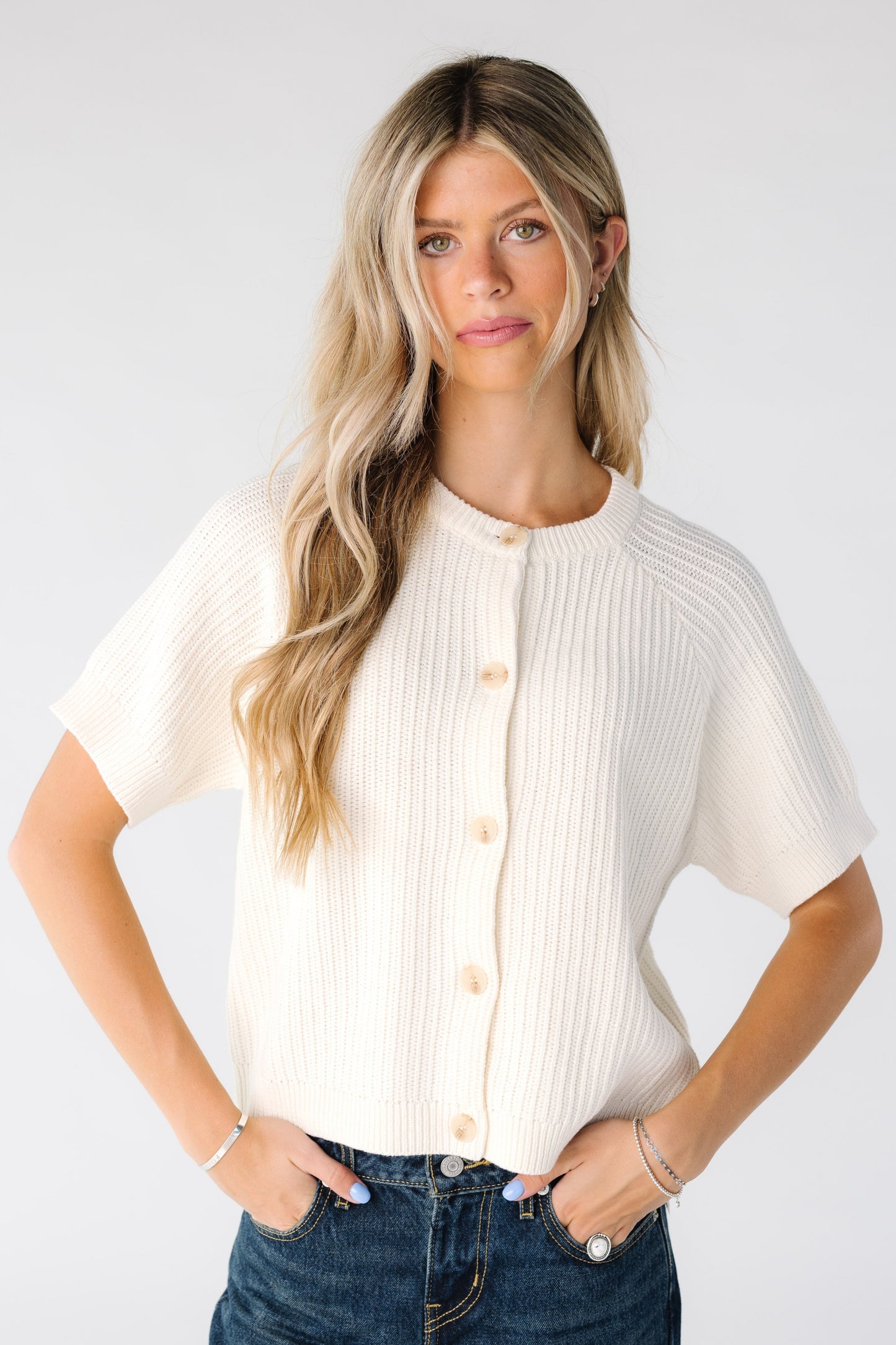 Modest women's button down cardigan in ivory