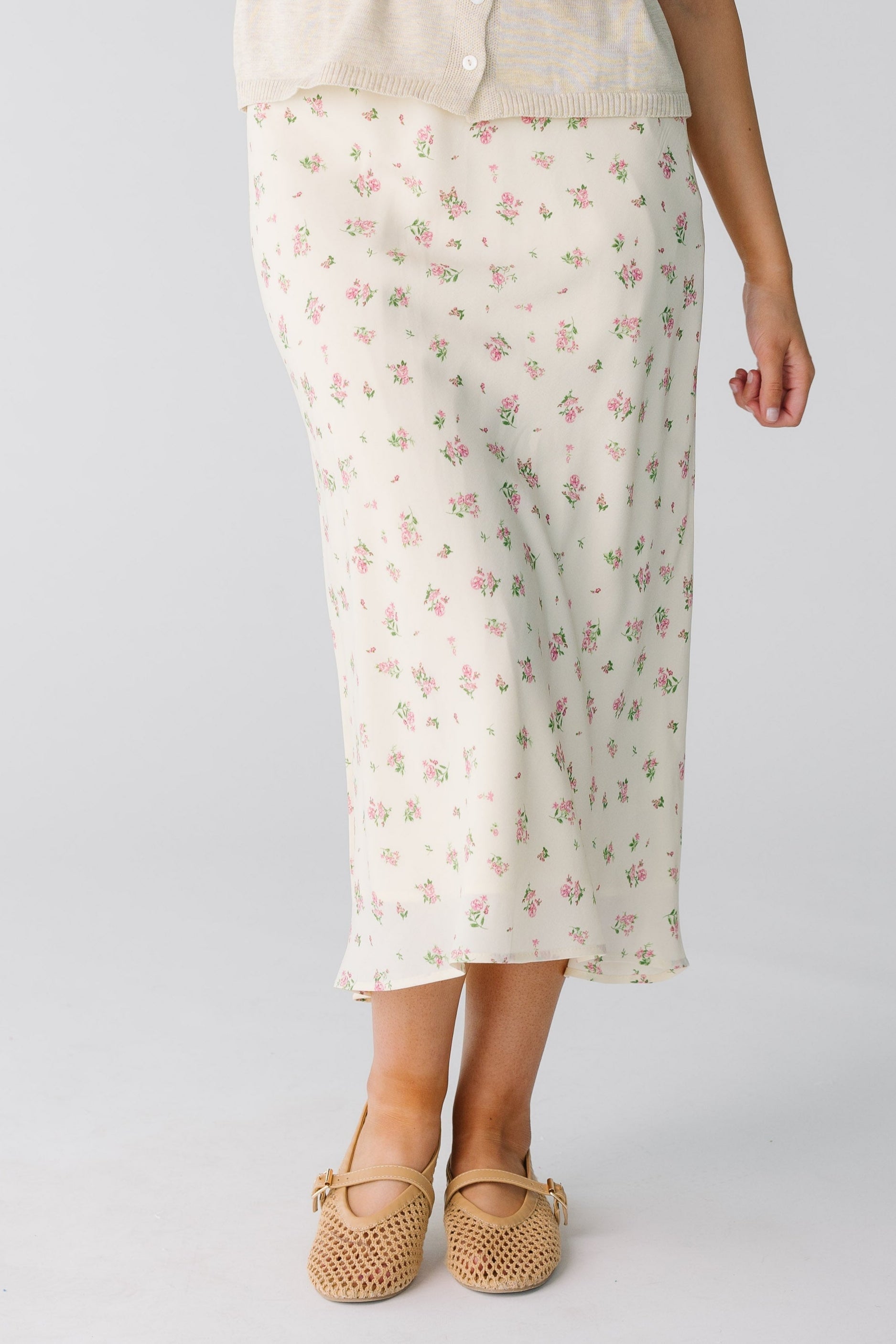 Modest ivory floral A-line midi skirt